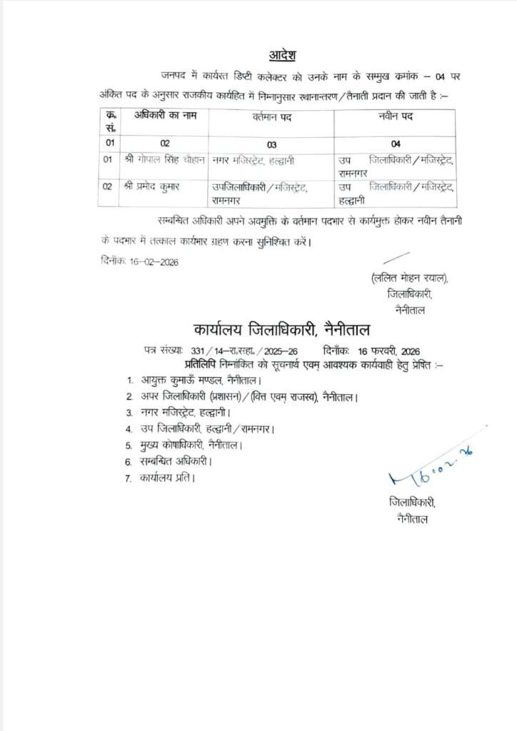 हल्द्वानी: गोपाल चौहान बने रामनगर के नए एसडीएम, प्रमोद कुमार को हल्द्वानी की जिम्मेदारी